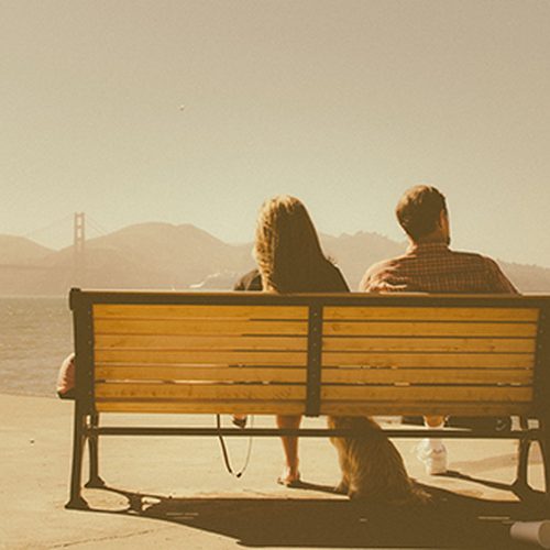 A couple sitting together on a bench, looking out over the sea