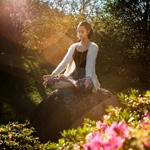 A woman sitting quietly in a sunlit garden with pink flowers